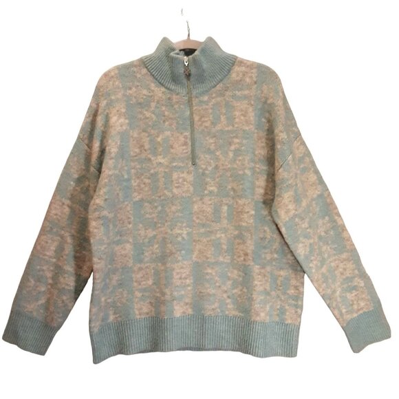 Loft sweater womens L baby blue white wool blend snowflake sliver 1/4 zip beachy - Picture 1 of 13